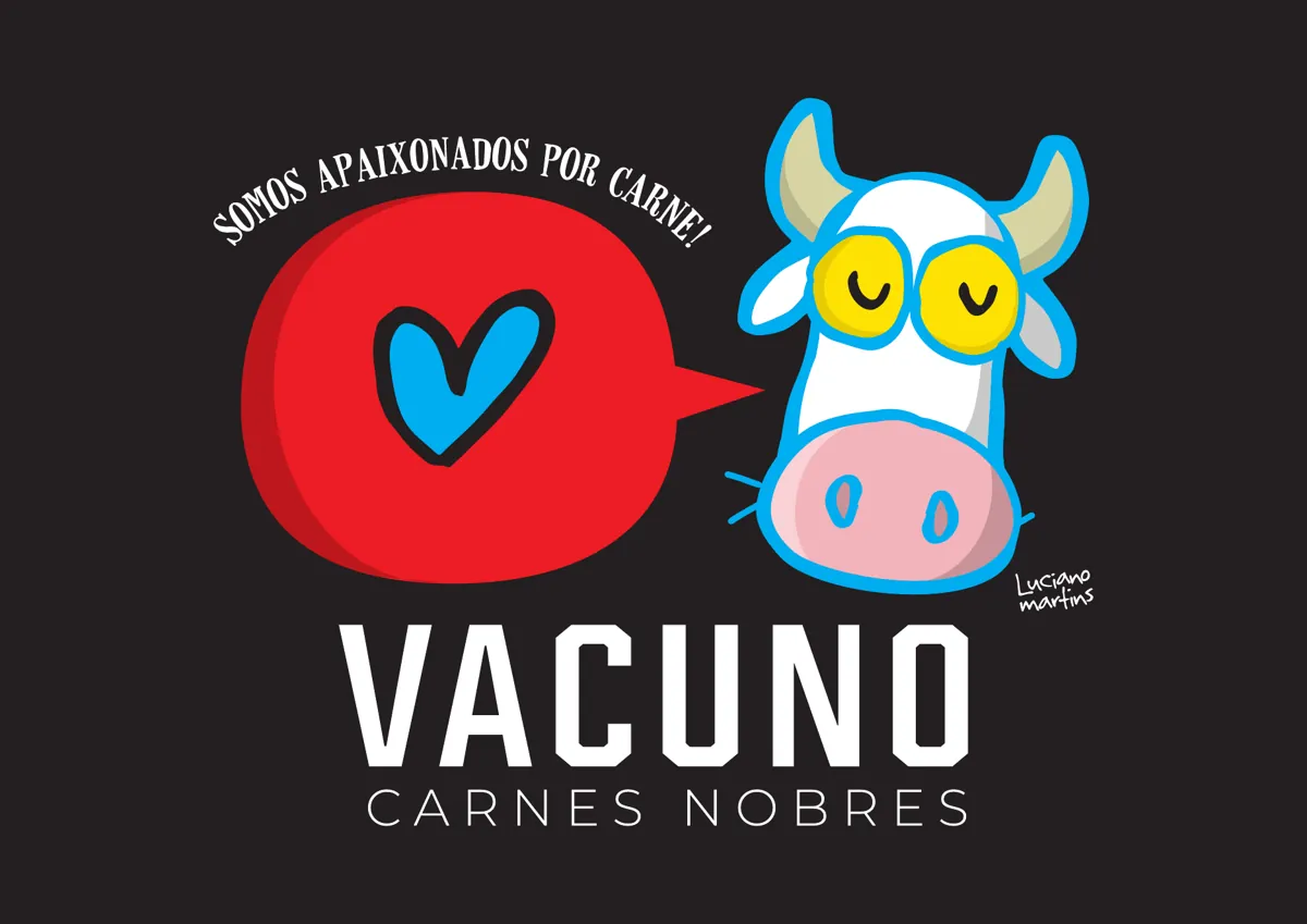 Arte de Luciano Martins para o Vacuno: balão vermelho com coração e vaquinha