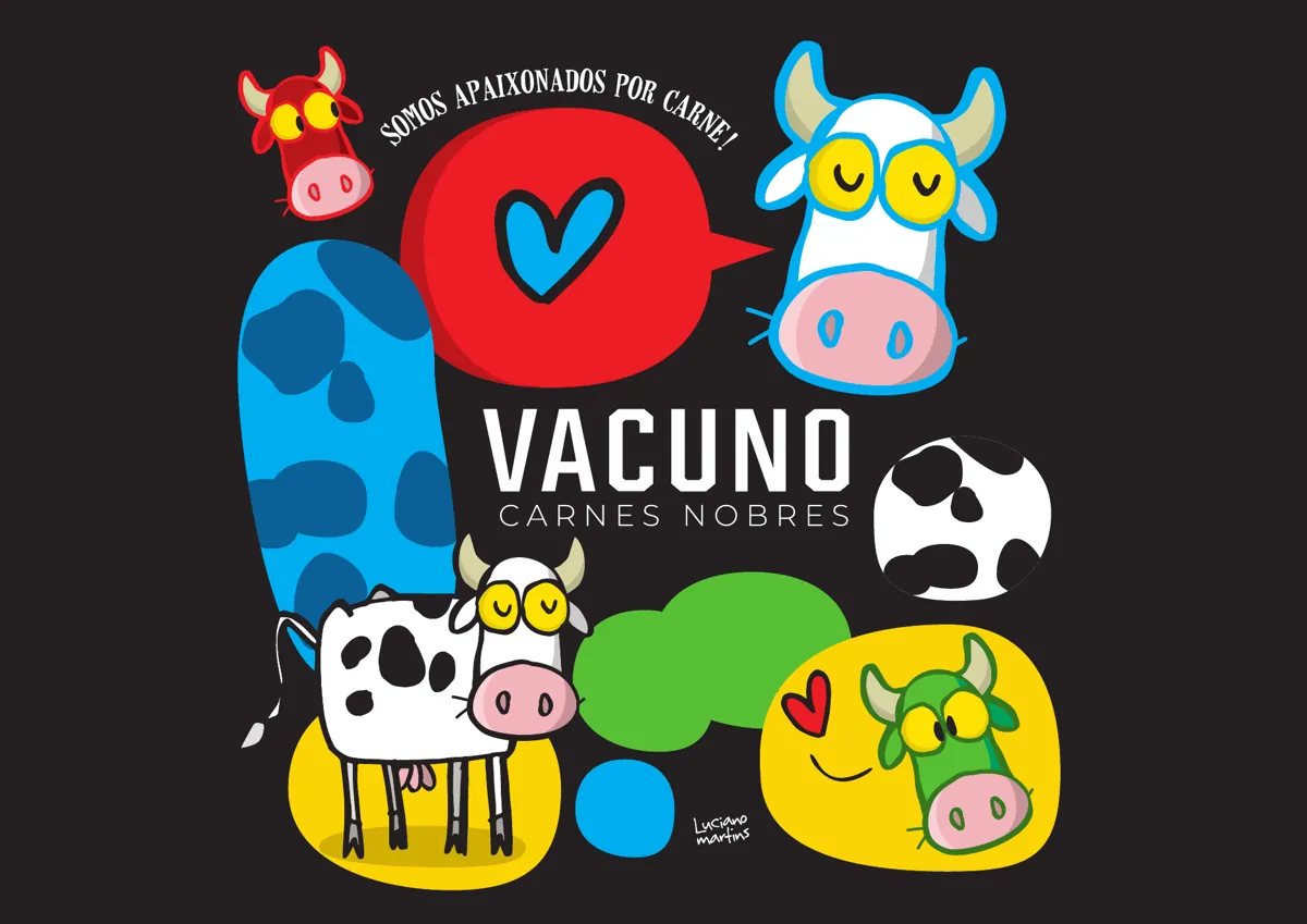 Arte de Luciano Martins para o Vacuno com várias vaquinhas coloridas