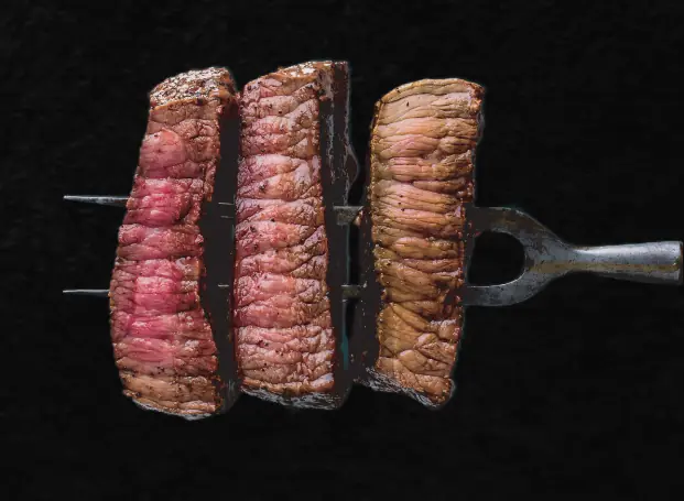 Três fatias de carne: mal passada, ao ponto e bem passada